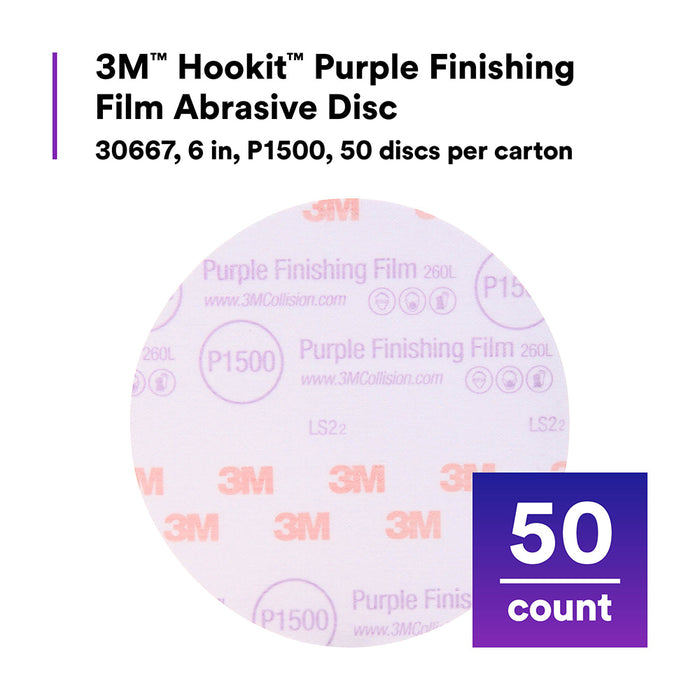 3M Purple Finishing Film Sanding Discs, 30667 - 6", 1500 grit (box of 50)