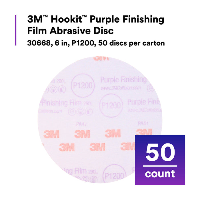 3M Purple Finishing Film Sanding Discs, 30668 - 6", 1200 grit (box of 50)