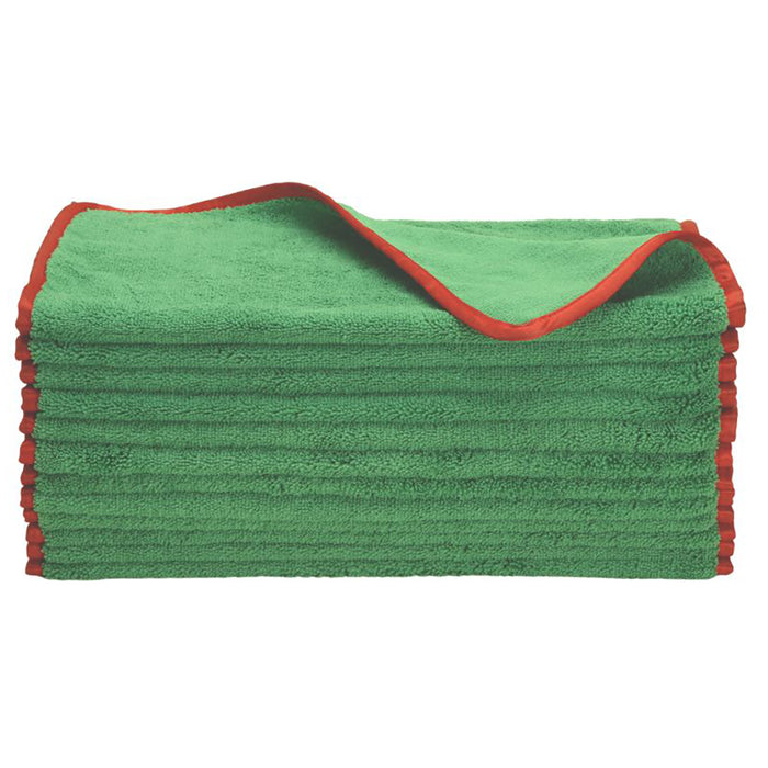 Super Towel Elite Microfiber Drying Towel, 380 GSM, 16" x 24" - Green w/ Red Edge (12 Pack)