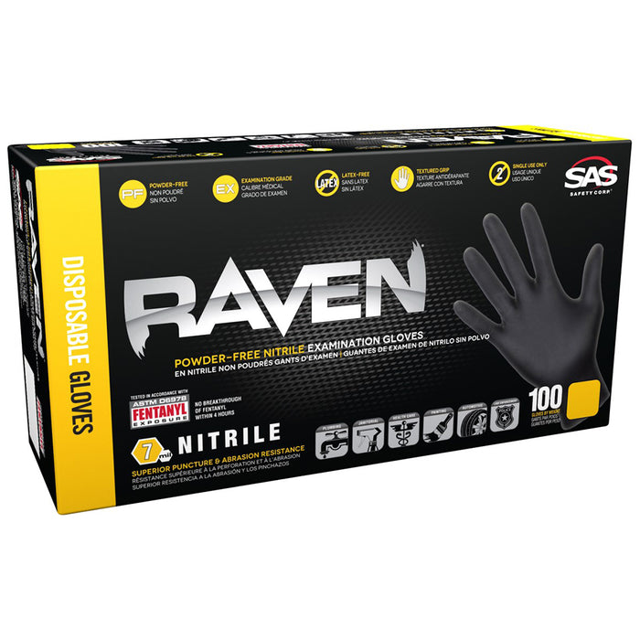 SAS Raven Powder Free Nitrile Gloves, 7 Mil, Black - X-Large (box of 100)