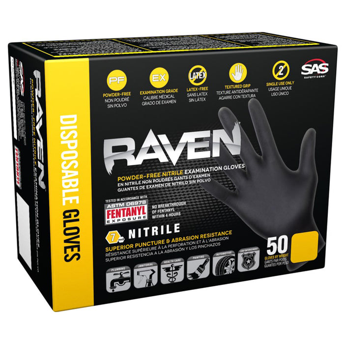 SAS Raven Powder Free Nitrile Gloves, 7 Mil, Black - Large (box of 50)
