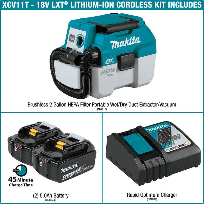 Makita 18V LXT Brushless 2 Gal. HEPA Filter Portable Wet/Dry Dust Extractor/Vacuum Kit