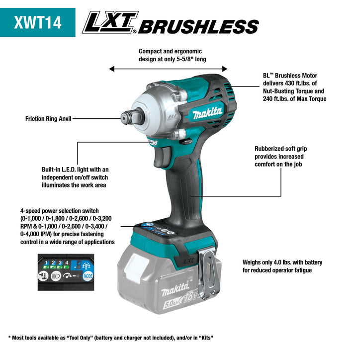 Makita 18V LXT Lithium-Ion Brushless Cordless 4-Speed 1/2 in. sq. Drive Impact Wrench Kit with Friction Ring Anvil (5.0Ah)