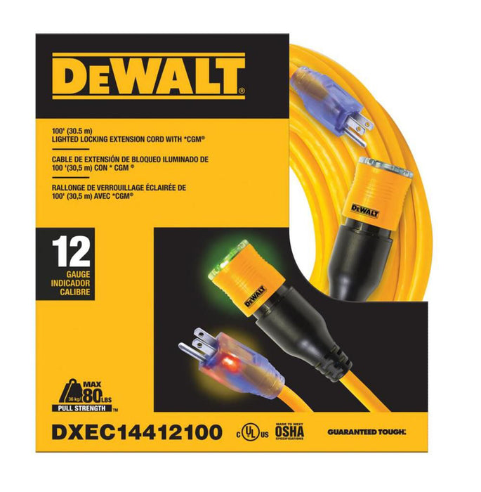 DEWALT 12/3 Lighted Locking Extension Cord with CGM - 100 ft., Yellow