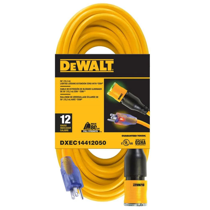 DEWALT 12/3 Lighted Locking Extension Cord with CGM - 50 ft., Yellow