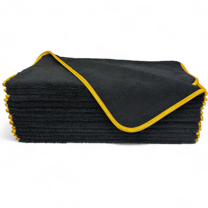 Super Towel Elite Microfiber Towel, 380 GSM, 16" x 24"- Black w/ Gold Edge (12 Pack)