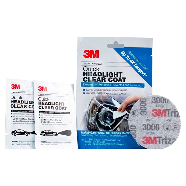 3M Quick Headlight Clear Coat Kit (contains 2x wipes, 1x 3000 grit